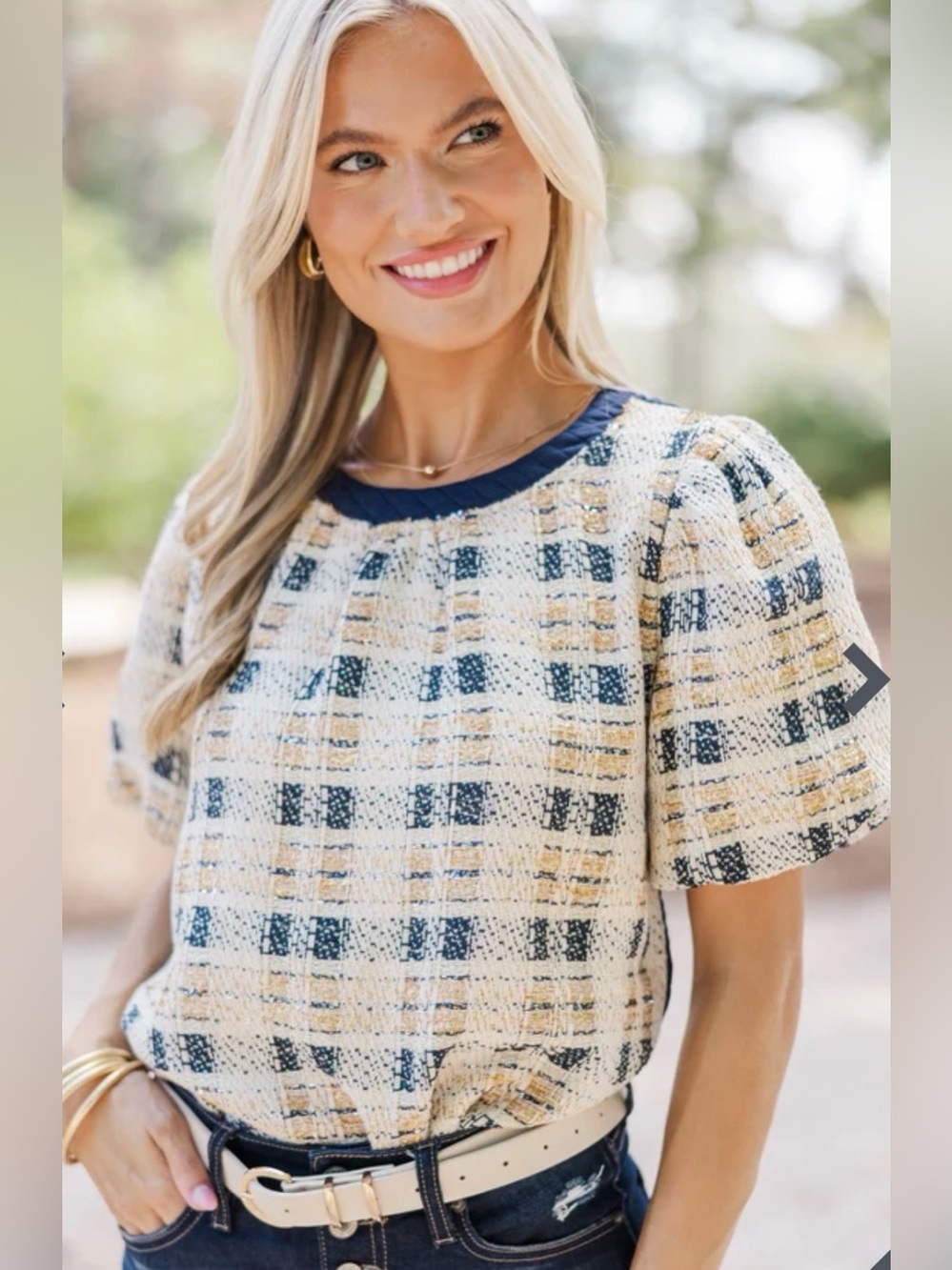 Voy Plaid Tweed Puff-Sleeve Top in Navy and Cream Elegant Luxe Collection look
